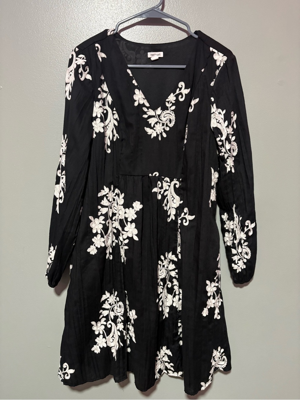 Westport Black Embroidered Long Sleeve Boho Mini Dress Size Large
